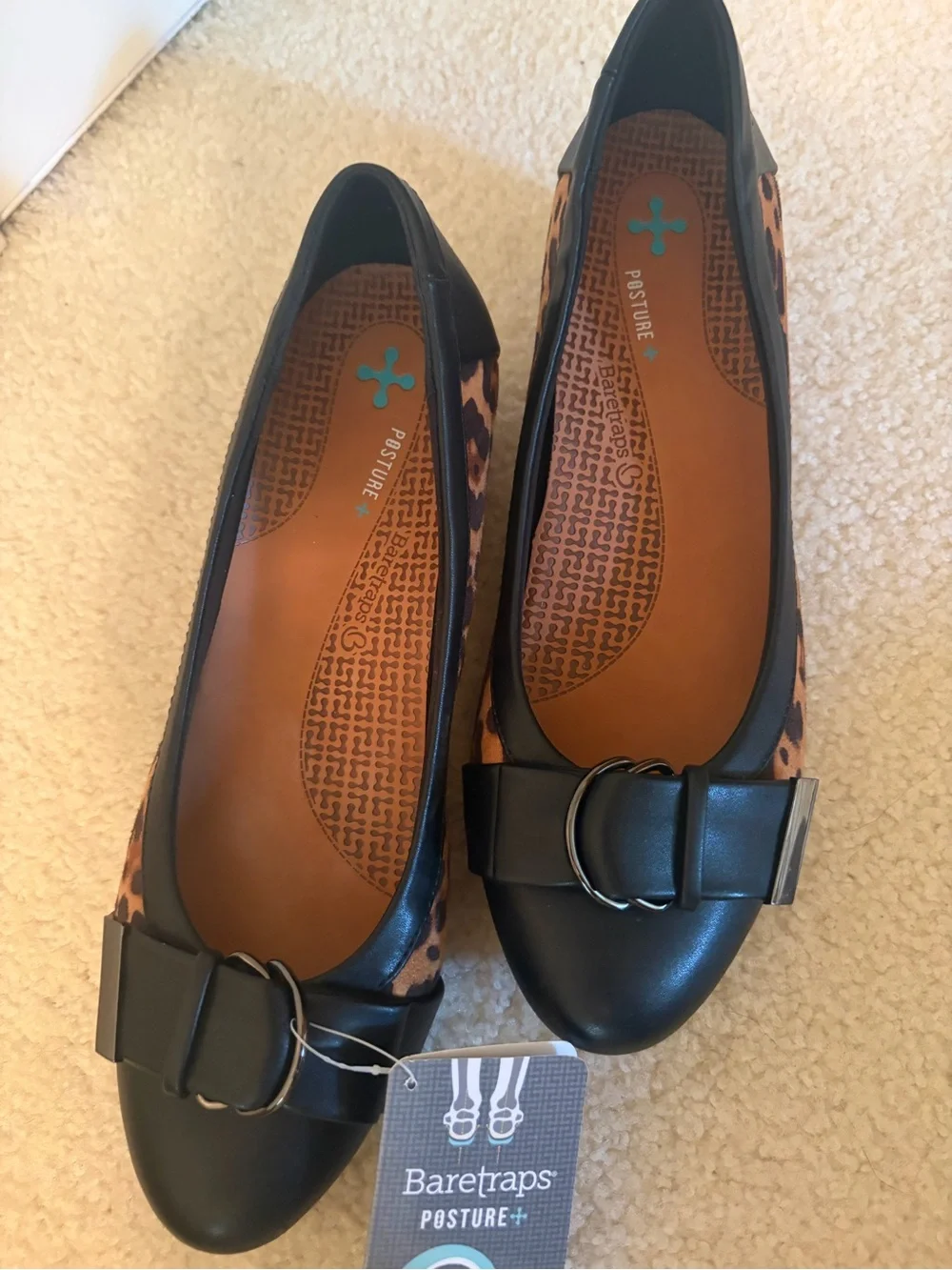 BareTraps Black and Leopard Print Buckle Ballet Flats